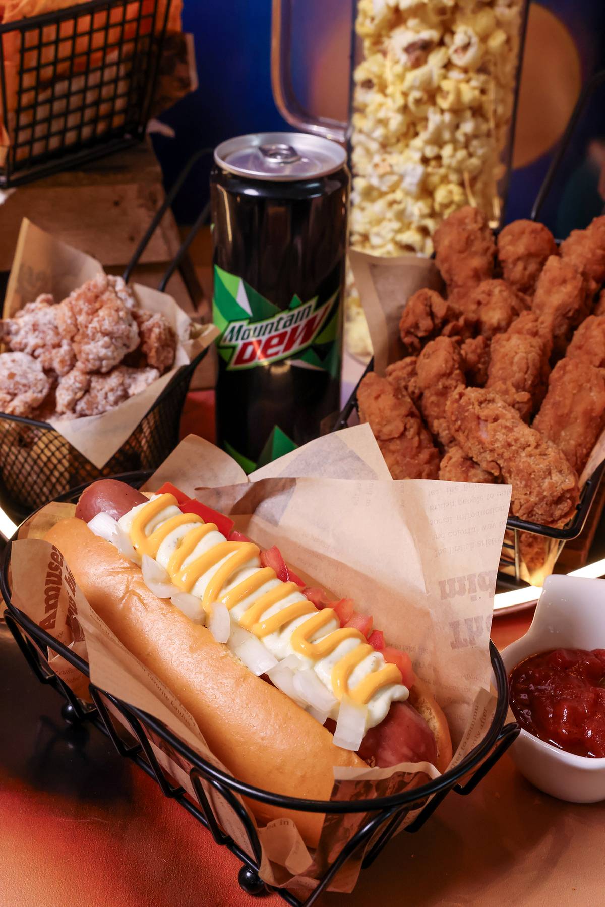hotdog, crispy chicken and fish.